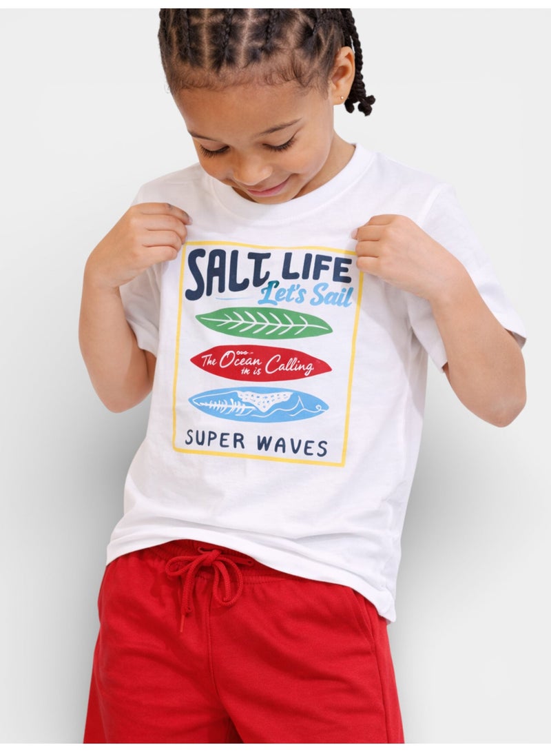 victor and jane Boys Surf Life Printed T-Shirt & Red Shorts Set - Image 2